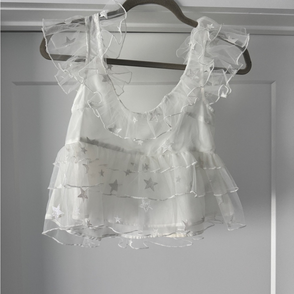 White Ruffled Star-Patterned Women's Top